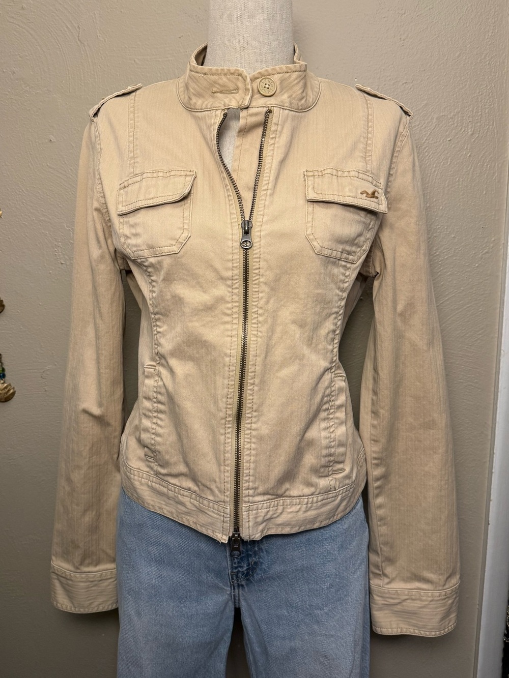 Hollister Y2K VTG Tan Khaki Military Mock Neck Twill Zipper Jacket Size Large